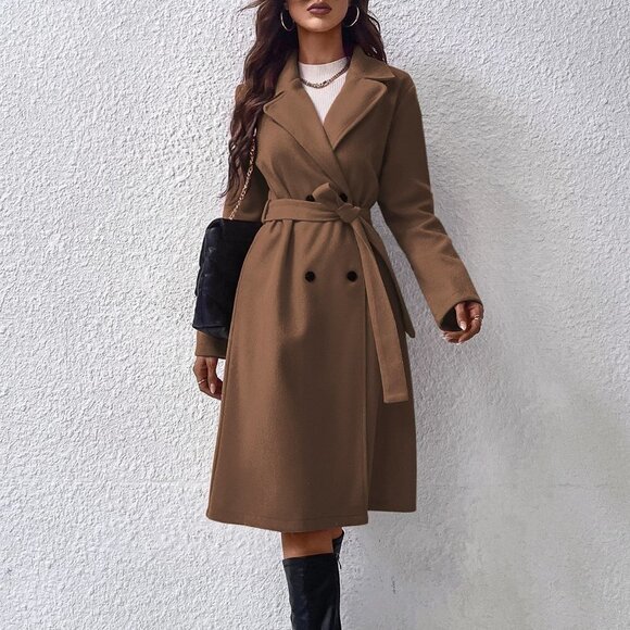 Brown Preppy Womens Lapel Neck Double Breasted Belted Coat - Picture 2 of 5
